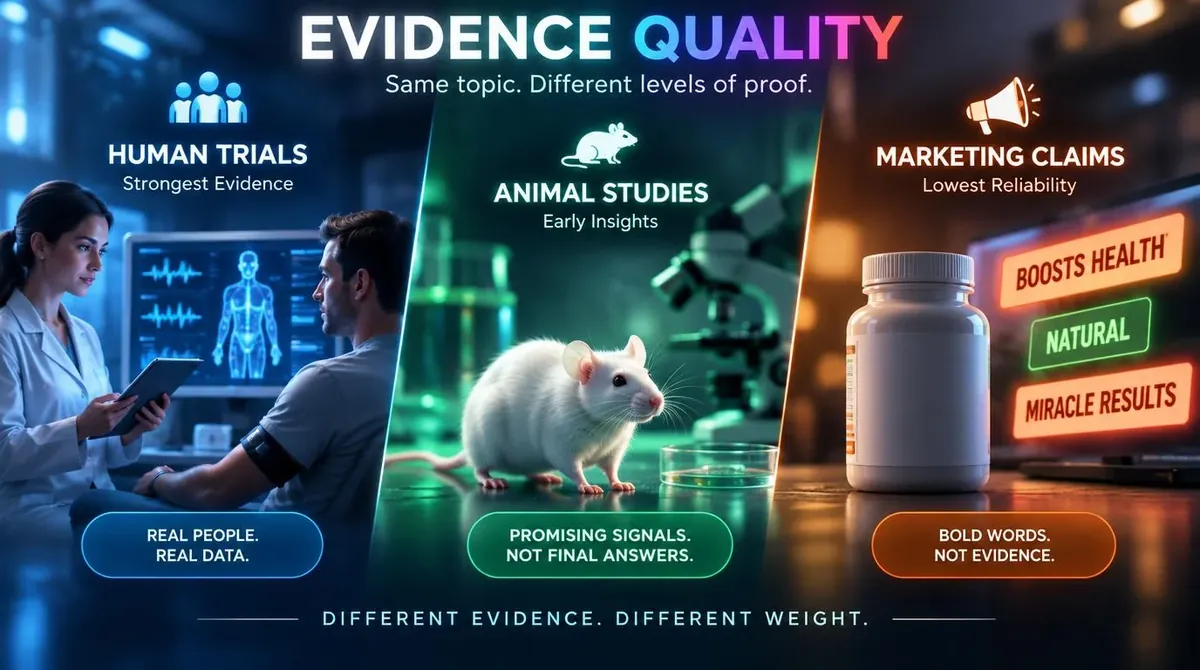 Evidence Quality: Human Trials, Animal Studies, and Marketing Claims Aren't the Same Thing: The honest reality