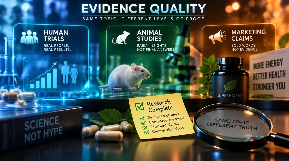 Evidence Quality: Human Trials, Animal Studies, and Marketing Claims Aren't the Same Thing: Why we read every citation ourselves