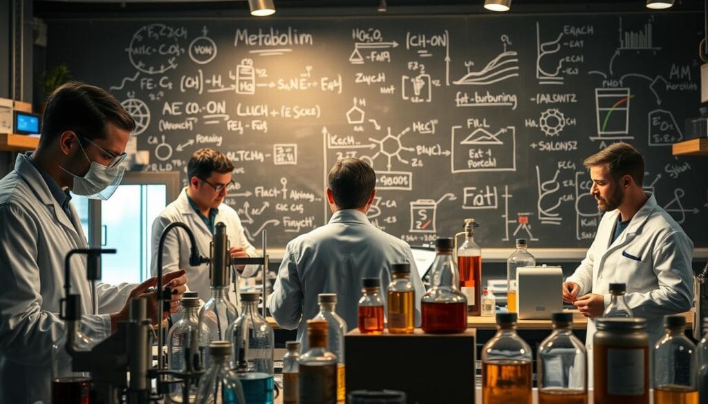 A bustling laboratory with state-of-the-art equipment and researchers in white coats examining chemical compounds and data readouts. The scene is illuminated by a warm, focused light, casting dramatic shadows and highlights on the various instruments and test tubes. In the background, there is a chalkboard filled with complex scientific equations and diagrams related to metabolism and fat-burning mechanisms. The overall atmosphere conveys a sense of scientific inquiry, discovery, and the pursuit of knowledge that underpins the development of effective weight-loss supplements.