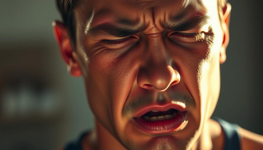 A close-up illustration of a person's face experiencing the side effects of caffeine and beta-alanine supplements. The subject's expression conveys discomfort, with a furrowed brow, flushed cheeks, and a slightly open mouth as if reacting to a tingling or jittery sensation. The background is blurred, placing the focus on the subject's face and the physiological effects. Soft, warm lighting from the side creates dramatic shadows, enhancing the sense of unease. The composition and lighting evoke a medical or scientific mood, suitable for an informative article on pre-workout supplement safety.