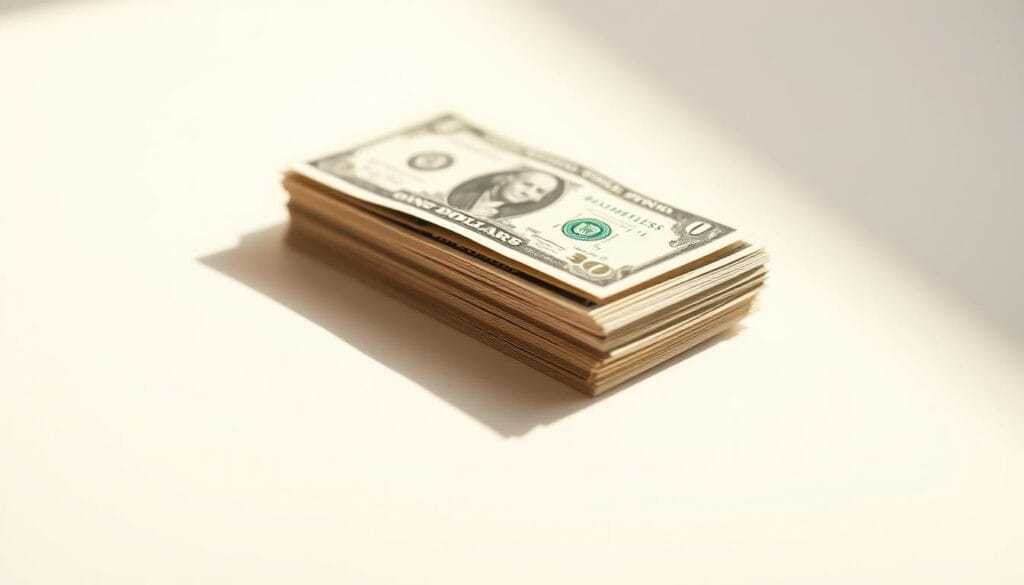 A close-up shot of a stack of US dollar bills, casting soft shadows on a clean, white background. The bills are crisp and neatly arranged, with the corners slightly curled to suggest a sense of tactility. The lighting is warm and diffused, creating a subtle sheen on the paper surface. The depth of field is shallow, keeping the focus on the central stack while blurring the background to a smooth, featureless plane. The overall composition is balanced and minimalist, conveying a sense of value, quality, and reliability.