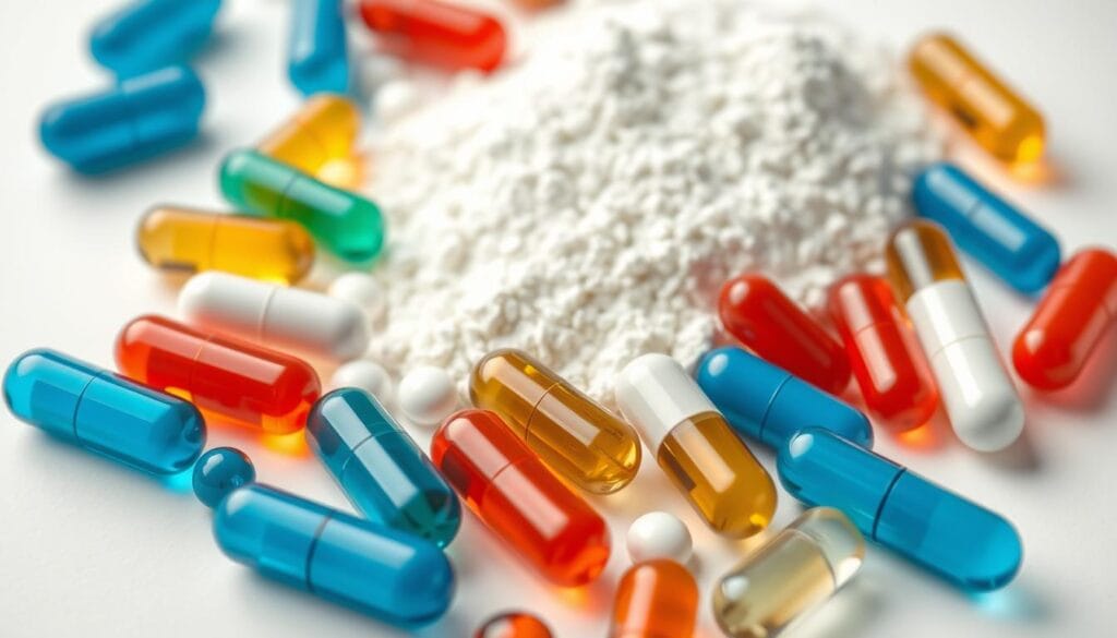 A close-up shot of high-quality amino acid supplements, including branched-chain amino acids (BCAAs) and essential amino acids (EAAs), arranged on a clean, minimalist background. The lighting is soft and even, showcasing the vibrant colors and transparency of the capsules or powder. The image has a professional, clinical aesthetic, emphasizing the scientific nature and efficacy of the supplements. The focus is on the supplements themselves, without any distracting elements, allowing the viewer to clearly assess the quality and composition of the products. A close-up shot of high-quality amino acid supplements, including branched-chain amino acids (BCAAs) and essential amino acids (EAAs), arranged on a clean, minimalist background. The lighting is soft and even, showcasing the vibrant colors and transparency of the capsules or powder. The image has a professional, clinical aesthetic, emphasizing the scientific nature and efficacy of the supplements. The focus is on the supplements themselves, without any distracting elements, allowing the viewer to clearly assess the quality and composition of the products.