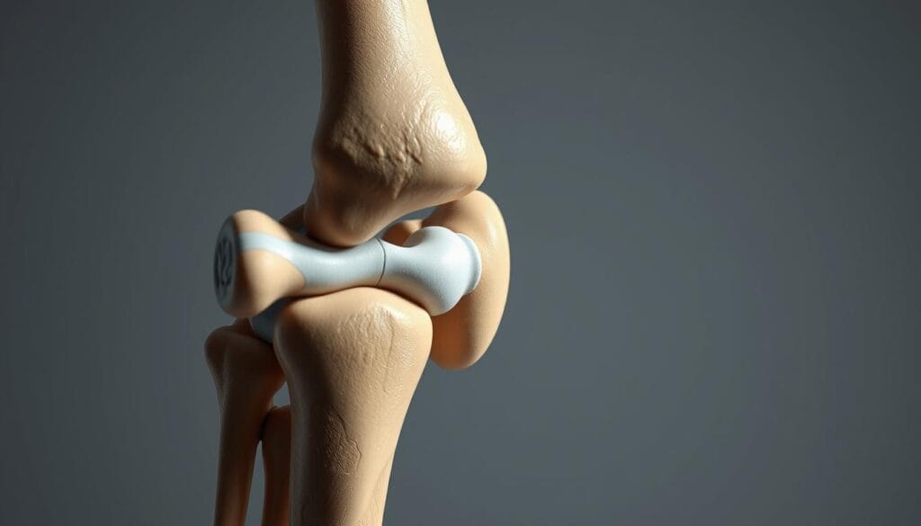 A close-up view of a human joint, rendered in a realistic, scientific style. The joint is shown in cross-section, revealing the intricate network of bones, cartilage, ligaments, and tendons that provide support and flexibility. The image is lit from the side, casting subtle shadows that accentuate the anatomical details. The background is a neutral, muted color, allowing the joint to be the focal point. The overall tone is one of clinical precision, highlighting the complex and interconnected nature of joint structure and function.