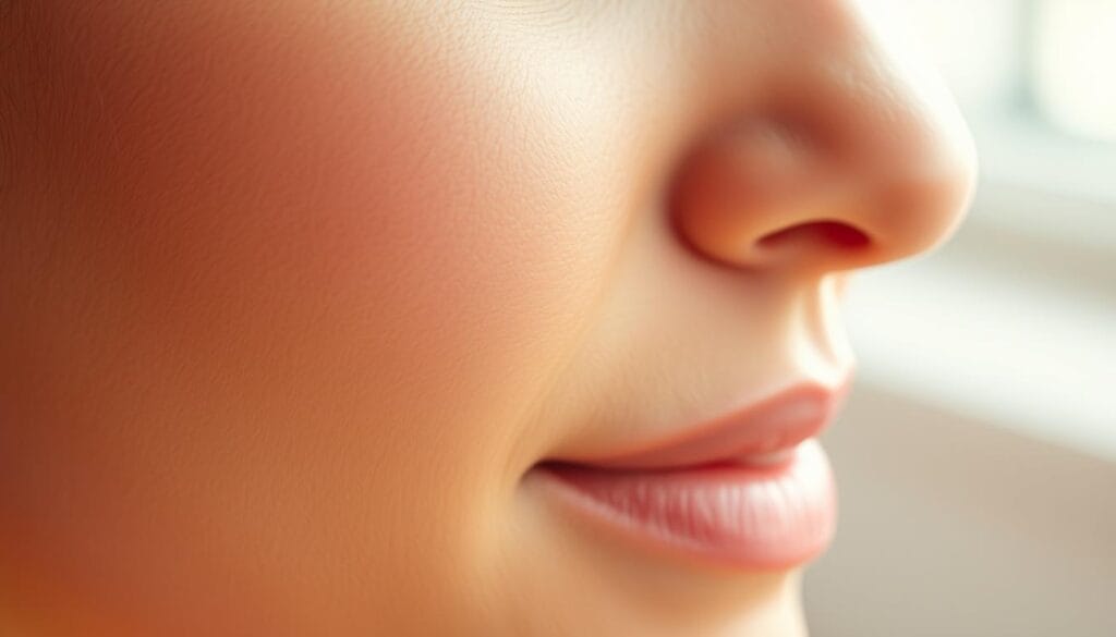 A close-up view of smooth, youthful skin with a radiant, healthy glow. The skin appears to be that of a woman in her 20s or 30s, with a luminous, even complexion and a soft, supple texture. The lighting is soft and diffused, creating a warm, inviting atmosphere. The focus is on the skin's surface, with a shallow depth of field that blurs the background, emphasizing the skin's texture and tone. The image conveys a sense of vitality, freshness, and the promise of a vibrant, rejuvenated appearance.
