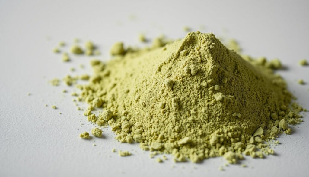 A closeup of moringa leaf powder with a smooth, fine texture, evenly distributed in the frame. The powder is set against a neutral, muted background that allows the vibrant green hue to stand out. The lighting is soft and diffused, creating gentle shadows that accentuate the powder's volume and depth. The camera is positioned at a slight angle to provide a dynamic, three-dimensional perspective. The overall mood is clean, natural, and focused, drawing the viewer's attention to the intricate details and quality of the moringa powder.