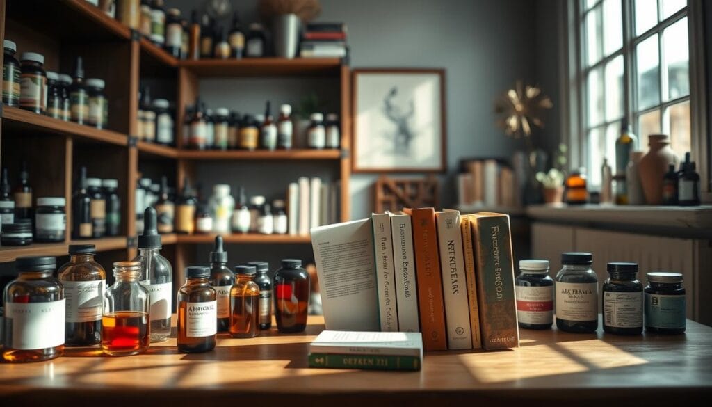 A cozy study filled with various health and wellness supplements, arranged neatly on sturdy wooden shelves. The foreground features an array of glass bottles, jars, and tinctures in warm, earthy tones, casting soft shadows across the surface. In the middle ground, a few select books on natural remedies and holistic wellness stand upright, their spines inviting closer inspection. The background is a softly-lit, serene environment, with muted natural light filtering through a window, creating a sense of tranquility and focus. The overall mood is one of thoughtful consideration, encouraging the viewer to explore the diverse resources available for supporting physical and mental well-being.
