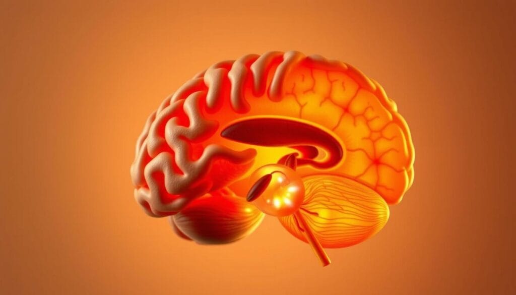 A cross-sectional diagram of the human pineal gland, illuminated by warm, natural lighting. The foreground depicts the intricate anatomical structures of the pineal gland, including the pinealocytes, capillaries, and the conical shape of the gland. The middle ground shows the surrounding brain tissue, with the thalamus and the third ventricle visible. The background features a subtle, neutral gradient, emphasizing the focus on the pineal gland and its mechanisms. The image conveys a sense of scientific precision and biological complexity, reflecting the technical nature of the "Mechanism of Action" section.
