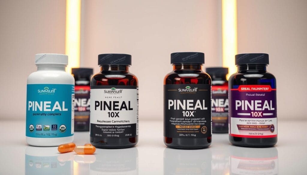 A detailed comparison of Pineal 10X supplement and its competitors, showcased in a crisp, professional product display. Vibrant lighting illuminates the supplements, allowing their unique formulas and packaging to stand out against a clean, minimalist background. The camera angle provides an elevated perspective, suggesting the superiority of Pineal 10X. Sleek, modern design elements enhance the premium, high-quality impression. Precise, high-resolution rendering captures every nuance, from the textures of the capsules to the clarity of the branding. The overall composition conveys a sense of scientific authority and consumer confidence, inviting the viewer to discover the advantages of Pineal 10X over its rivals. A detailed comparison of Pineal 10X supplement and its competitors, showcased in a crisp, professional product display. Vibrant lighting illuminates the supplements, allowing their unique formulas and packaging to stand out against a clean, minimalist background. The camera angle provides an elevated perspective, suggesting the superiority of Pineal 10X. Sleek, modern design elements enhance the premium, high-quality impression. Precise, high-resolution rendering captures every nuance, from the textures of the capsules to the clarity of the branding. The overall composition conveys a sense of scientific authority and consumer confidence, inviting the viewer to discover the advantages of Pineal 10X over its rivals.