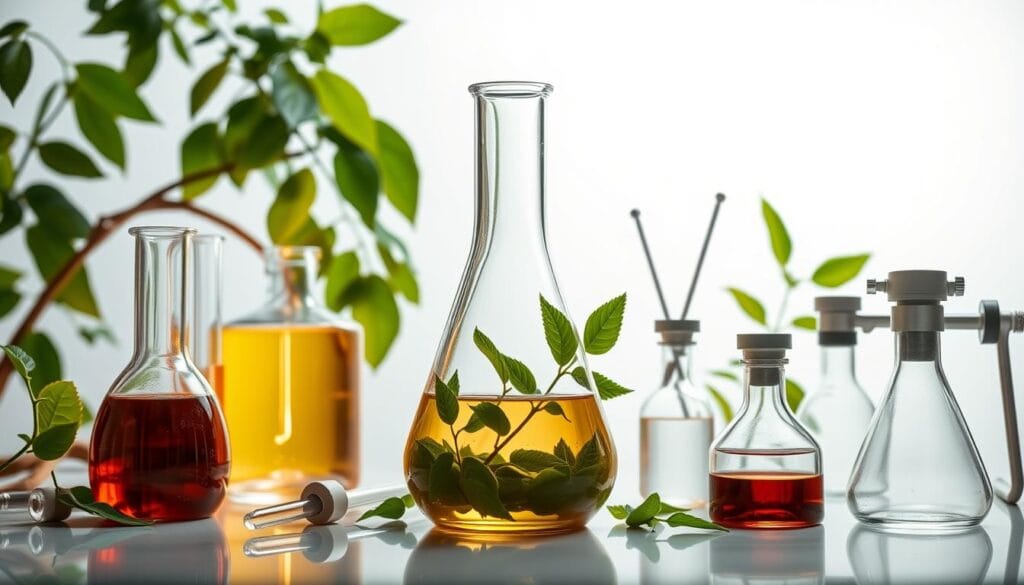 A detailed, laboratory-style study of the moringa plant, its leaves, and their effects on blood sugar, cholesterol, and weight. A central glass beaker or flask contains a moringa extract, surrounded by scientific equipment like test tubes, pipettes, and Bunsen burners, all bathed in a warm, focused light. The background is a clean, sterile white, conveying a sense of clinical research and evidence-based discovery. The overall tone is one of methodical investigation, highlighting the rigorous scientific process behind the health benefits of this remarkable plant.