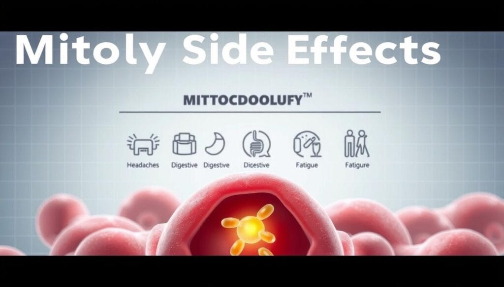 A detailed medical illustration depicting potential side effects of Mitolyn, a mitochondrial-boosting supplement. The foreground shows a cross-section of human cells, with the mitochondria highlighted, to illustrate the direct impact on cellular energy production. The middle ground features a series of icons representing common side effects like headaches, digestive issues, and fatigue. The background is a clean, clinical setting with subtle grid-like patterns, conveying a sense of scientific rigor. The lighting is soft and directional, creating depth and emphasizing the technical details. The overall mood is informative and educational, suitable for inclusion in a review article on Mitolyn's safety profile.
