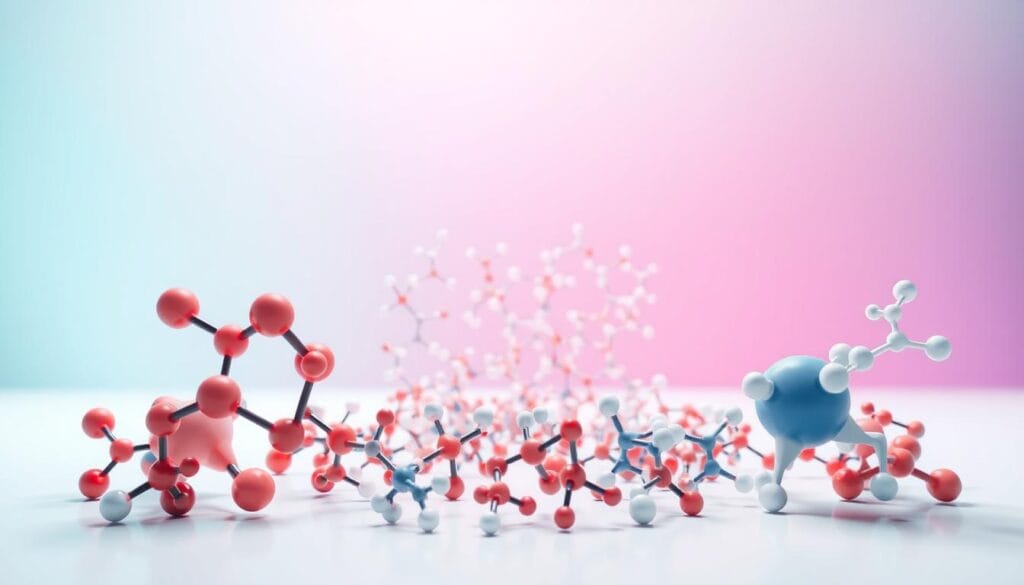 A detailed molecular illustration of various amino acids, including the essential and branched-chain varieties, arranged in a visually appealing and informative manner. The foreground features large, high-resolution 3D models of the key amino acid structures, with their chemical compositions and properties clearly visible. The middle ground showcases a grid-like arrangement of smaller, supporting amino acid models, creating a sense of depth and scientific organization. The background contains a subtle, soft-focus gradient in complementary colors, providing a clean, minimalist aesthetic that allows the subject to take center stage. Bright, directional lighting from the top-left illuminates the scene, casting gentle shadows that accentuate the molecular forms. The overall composition conveys a sense of educational clarity, technical precision, and visual balance, suitable for illustrating the nutritional differences between BCAA and EAA supplements. A detailed molecular illustration of various amino acids, including the essential and branched-chain varieties, arranged in a visually appealing and informative manner. The foreground features large, high-resolution 3D models of the key amino acid structures, with their chemical compositions and properties clearly visible. The middle ground showcases a grid-like arrangement of smaller, supporting amino acid models, creating a sense of depth and scientific organization. The background contains a subtle, soft-focus gradient in complementary colors, providing a clean, minimalist aesthetic that allows the subject to take center stage. Bright, directional lighting from the top-left illuminates the scene, casting gentle shadows that accentuate the molecular forms. The overall composition conveys a sense of educational clarity, technical precision, and visual balance, suitable for illustrating the nutritional differences between BCAA and EAA supplements.