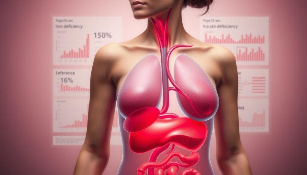 A detailed scientific diagram showcasing the levels of iron in the blood of midlife women. The foreground features a cross-section of a woman's torso, highlighting the circulatory system and key organs. Vibrant shades of red and pink depict the iron-rich hemoglobin flowing through her veins. The middle ground displays various medical charts and graphs, conveying iron deficiency statistics and reference ranges. The background is a soft, muted gradient, lending a clinical and informative atmosphere. Soft, diffused lighting illuminates the scene, creating a sense of depth and scientific precision. The overall tone is educational and visually engaging, perfectly suited to illustrate the section on women's energy needs and midlife hormonal shifts. A detailed scientific diagram showcasing the levels of iron in the blood of midlife women. The foreground features a cross-section of a woman's torso, highlighting the circulatory system and key organs. Vibrant shades of red and pink depict the iron-rich hemoglobin flowing through her veins. The middle ground displays various medical charts and graphs, conveying iron deficiency statistics and reference ranges. The background is a soft, muted gradient, lending a clinical and informative atmosphere. Soft, diffused lighting illuminates the scene, creating a sense of depth and scientific precision. The overall tone is educational and visually engaging, perfectly suited to illustrate the section on women's energy needs and midlife hormonal shifts.