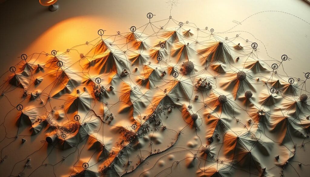 A detailed topographic map with interconnected nodes, paths, and clusters, set against a softly glowing background. The nodes should be diverse in shape and size, representing different types of wellness content. Sinuous lines and curves link the nodes, creating a sense of flow and dynamism. Muted, earthy tones predominate, with subtle pops of color to highlight key elements. Lighting should be warm and directional, casting gentle shadows and creating depth. The overall impression should be one of an organic, intuitive knowledge network - a visual metaphor for exploring interconnected wellness topics.
