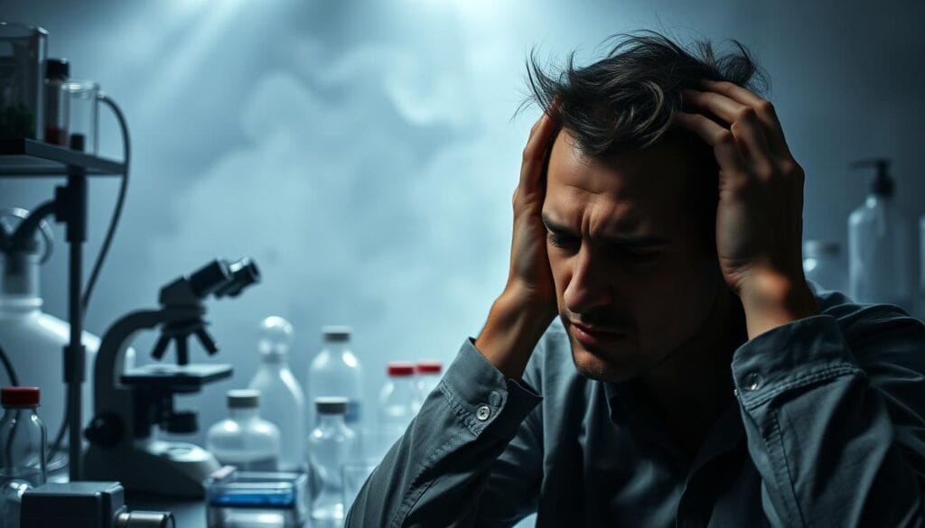 A dimly lit laboratory with an array of medical equipment, including a microscope, petri dishes, and glass vials. In the foreground, a human figure experiences side effects, their face contorted in discomfort, hands clutching their head as they grapple with the unexpected consequences. The background is hazy, casting an ominous atmosphere, suggesting the potential dangers and unpredictability of the subject matter. The lighting is dramatic, casting shadows and highlighting the tension and unease of the scene. The composition is balanced, drawing the viewer's eye to the central figure and the unsettling narrative it conveys.