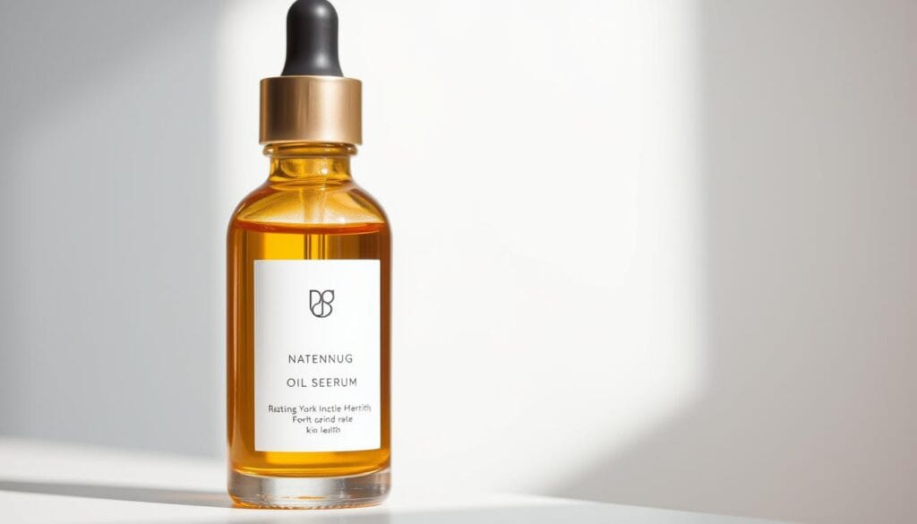 A glass bottle filled with a clear, amber-colored oil serum against a soft, blurred background. The bottle has a dropper top and minimalist label design. The serum glistens under natural lighting, casting subtle reflections. The background is a gentle, out-of-focus gradient, allowing the bottle to be the focal point. The overall composition conveys a sense of purity, refinement, and the restorative properties of the oil for nail and skin health.