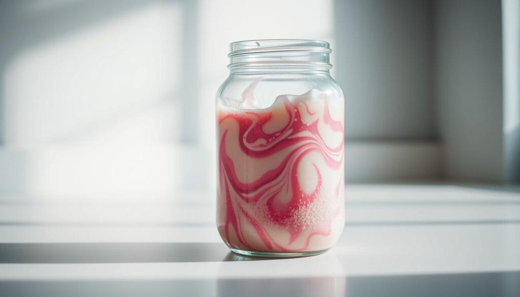 A glass jar filled with a vibrant, energetic-looking protein shake, sitting on a clean, minimalist countertop. The jar has a textured, rugged appearance, reflecting the intense workout that preceded this recovery moment. The liquid inside swirls and shimmers, as if ready to be shaken and consumed. Soft, directional lighting illuminates the scene, casting subtle shadows and highlights that accentuate the jar's form and the shake's viscosity. The overall mood is one of refreshment, rejuvenation, and a sense of accomplishment after a challenging physical endeavor.