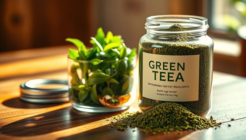 A glass jar filled with vibrant green tea leaves and powder, resting on a wooden table. Warm, diffused lighting casts a natural glow, highlighting the earthy tones and rich hues of the tea extract. The jar's label features a minimalist design, showcasing the product's name and ingredients in a clean, modern typeface. The scene conveys a sense of purity, wellness, and the potent benefits of green tea as a key fat-burning supplement.