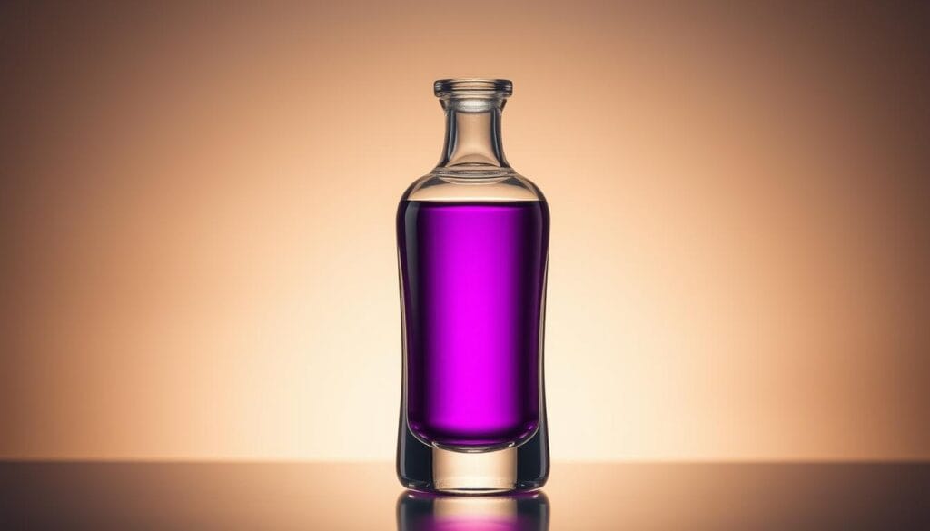 A glossy, translucent glass bottle with a sleek, modern design, containing a vibrant, deep purple liquid. The bottle is illuminated by a warm, directional light, casting soft shadows and highlights that accentuate the product's premium appearance. The background is a subtly blurred, neutral-toned setting, allowing the bottle to be the focal point. The overall impression is one of quality, purity, and scientific sophistication, reflecting the product's positioning as a cutting-edge mitochondrial supplement.