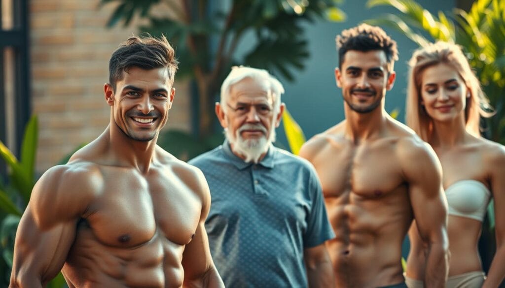 A group of diverse, fit individuals in a well-lit, vibrant setting. In the foreground, a muscular athlete in athletic gear, exuding power and energy. In the middle ground, an older adult with a serene expression, radiating wisdom and experience. And in the background, a lean, healthy-looking vegetarian, surrounded by lush greenery. The lighting is warm and natural, casting a gentle glow on the scene. The composition is balanced, with each subject equally prominent, reflecting the inclusive nature of creatine supplementation. The overall atmosphere is one of health, vitality, and a celebration of human diversity.