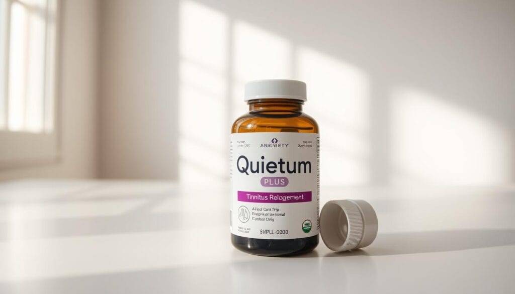 A high-quality, pharmaceutical-grade supplement bottle resting on a clean, white surface, illuminated by natural lighting filtering through a window. The bottle's label displays the "Quietum Plus" logo and branding prominently, with the supplement name and key details clearly visible. The overall scene conveys a sense of purity, professionalism, and scientific integrity, reflecting the product's positioning as a safe and effective tinnitus relief solution.