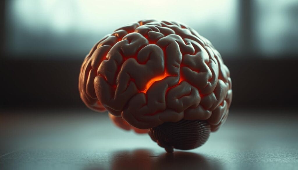 A highly detailed anatomical rendering of a human brain, captured with precision and clarity. The brain is positioned in the foreground, bathed in a warm, focused light that highlights its intricate structures and textures. The middle ground features a soft, hazy background, creating a sense of depth and focus on the subject. The overall atmosphere is one of scientific inquiry and contemplation, inviting the viewer to explore the complexities of the human mind. The image is rendered with a high level of technical accuracy, showcasing the brain's distinct lobes, fissures, and the delicate network of neurons that power our cognitive functions.
