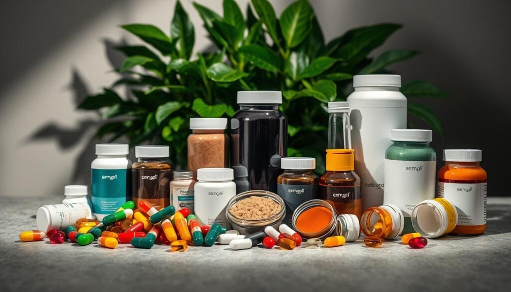 A meticulously arranged still life depicting an assortment of fat-burning supplements. In the foreground, an array of colorful capsules, powders, and liquids in sleek, minimalist packaging are artfully arranged on a muted, textured surface. The middle ground showcases a backdrop of lush, verdant foliage, hinting at the natural origins of these purported weight loss aids. Dramatic, directional lighting casts dramatic shadows, accentuating the contours and textures of the supplements, creating a sense of depth and visual interest. The overall mood is one of scientific precision, wellness, and the promise of transformative results, inviting the viewer to consider the role of these supplements in a comprehensive weight loss plan.