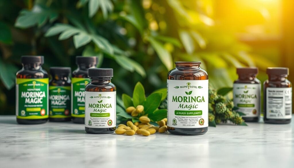 A meticulously crafted comparison of Moringa Magic supplements from multiple angles, captured in a vivid, high-resolution photograph. The foreground showcases an array of Moringa Magic product bottles, their labels and shapes clearly visible. The middle ground features a selection of fresh Moringa leaves and pods, highlighting the natural source of the supplement. The background subtly blends shades of green, evoking the lush, verdant atmosphere of a Moringa plantation. Soft, natural lighting casts a warm, inviting glow over the scene, emphasizing the purity and efficacy of the Moringa Magic formulation. The overall composition conveys a sense of balance, quality, and the power of this superfood supplement.
