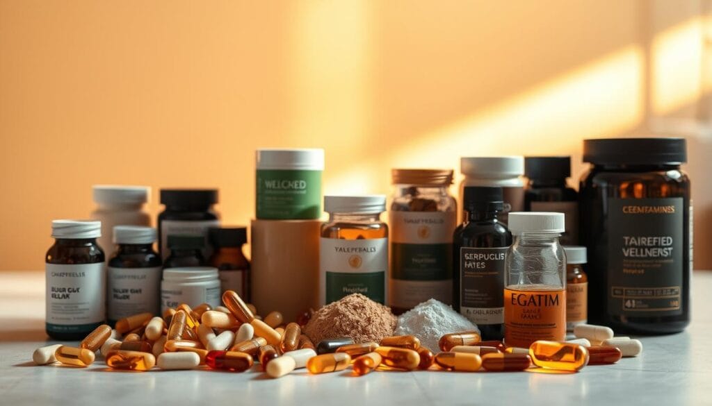A meticulously crafted still life scene depicting a collection of tailored supplements stacked neatly against a backdrop of warm, glowing light. The foreground features a selection of distinct wellness capsules, powders, and tinctures, each expertly arranged to highlight their individual profiles. The middle ground showcases a series of sleek, minimalist containers in earthy tones, conveying a sense of premium quality and care. In the background, a soft, ethereal glow emanates, creating a serene and inviting atmosphere that enhances the overall wellness-focused aesthetic. Captured through a crisp, high-resolution lens, this image exudes a sense of refined elegance and targeted efficacy, perfectly suited to illustrate a section on tailored weight loss supplements for women over 40.
