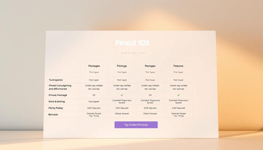 A meticulously designed pricing display for Pineal 10X, featuring a clean and modern layout against a soft, muted background. The centerpiece is a prominent comparison table outlining the various packages, each with distinct pricing tiers, features, and bonuses. The lighting is warm and gentle, drawing the viewer's attention to the key details. The overall composition evokes a sense of professionalism and attention to detail, perfectly suited to showcase the product's value proposition.