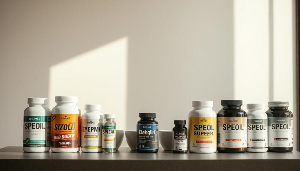 A modern, minimalist product pricing display set against a soft, blurred background. In the foreground, various high-quality supplements are neatly arranged, their prices prominently featured in a clean, sans-serif font. The lighting is natural and diffused, creating a sense of warmth and approachability. The composition is balanced, with the products taking center stage, allowing the viewer to focus on the pricing information. The overall mood is one of transparency, value, and a premium customer experience.