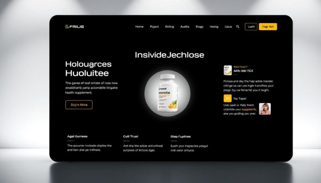 A modern, minimalist website interface with a clean, professional layout. The main content area features a prominent product image in the center, surrounded by a sleek, monochromatic design with subtle accents. The navigation menu is uncluttered, guiding the user through various sections. Soft, directional lighting illuminates the screen, creating a sense of depth and highlighting the key elements. The overall atmosphere conveys trust, authority, and an inviting user experience, suitable for showcasing a high-quality health supplement.