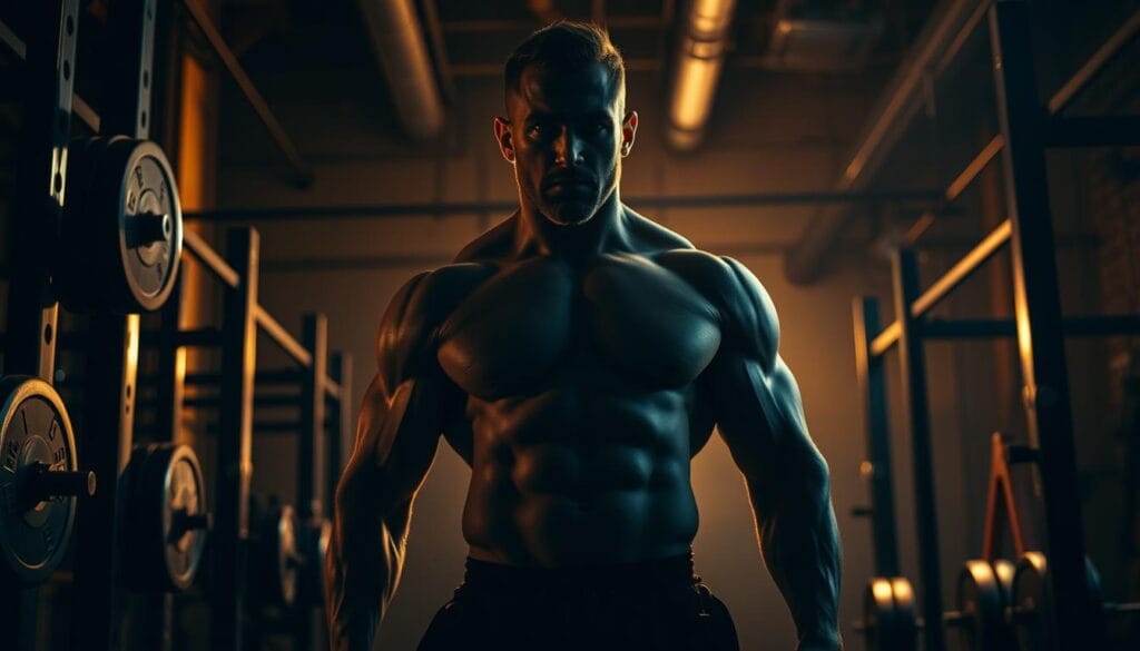 A muscular figure stands in a dimly lit gym, their form cast in dramatic shadows. Barbells and weight racks surround them, creating a powerful, industrial atmosphere. The subject's expression is one of focused determination, their muscles tense and defined, conveying the immense strength and endurance required for intense weight training. The lighting is warm and moody, creating a sense of intensity and resolve. The camera angle is slightly low, emphasizing the subject's power and dominance. The overall scene evokes the discipline, focus, and perseverance needed to push one's physical limits and achieve fitness goals.