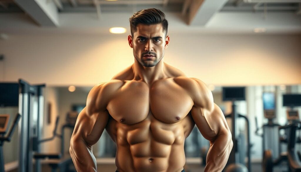 A muscular male figure, his physique sculpted by intense training, stands confidently in a well-lit, modern gym setting. Soft, warm lighting casts subtle shadows, accentuating his toned physique. The foreground focuses on the subject's upper body, highlighting broad shoulders, chiseled abs, and powerful arms. In the background, sleek exercise equipment and a clean, minimalist decor create a professional, aspirational atmosphere. The overall composition conveys a sense of strength, vitality, and the pursuit of peak physical performance.