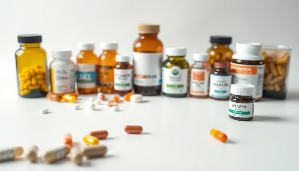 A neatly arranged display of various vitamin and mineral supplement bottles, capsules, and tablets on a clean, white background. The lighting is soft and diffused, creating a crisp, clinical atmosphere. The foreground features the supplement containers in focus, meticulously organized and presented. The middle ground shows a clean, uncluttered space, allowing the viewer to focus on the details of the supplements. The background is a simple, subtle gradient, complementing the minimalist aesthetic. The overall composition conveys a sense of precision, order, and the careful consideration of dosage and timing for optimal health benefits.