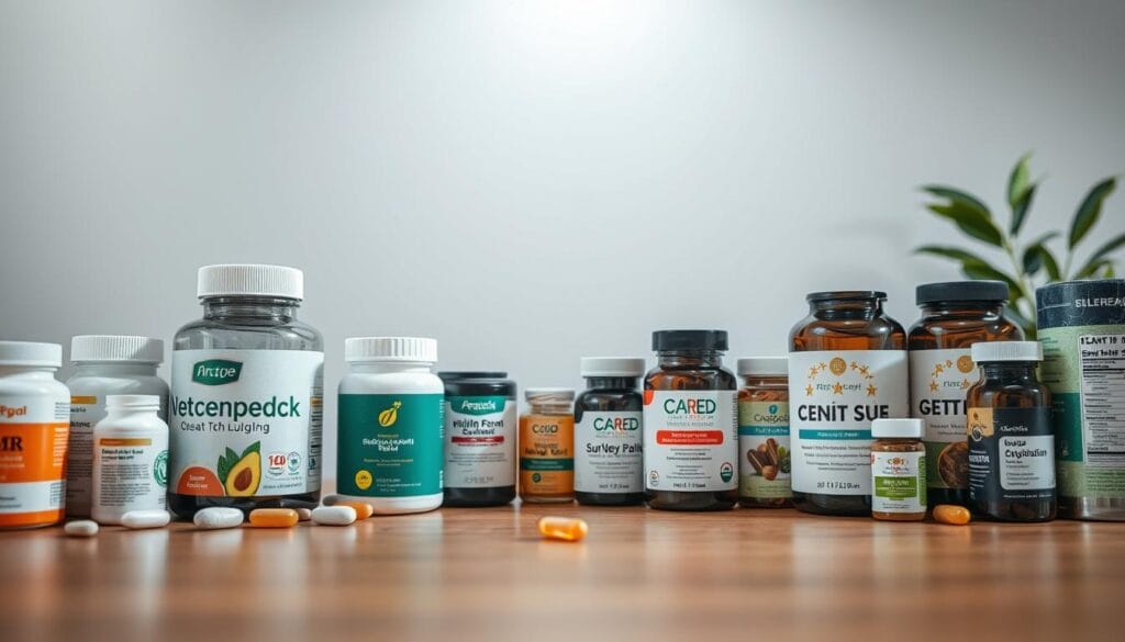 A neatly organized, well-lit table showcasing an assortment of health supplements, with a professional, editorial-style composition. The foreground features various bottles, jars, and packages, carefully arranged to highlight their labels, ingredients, and certifications. The middle ground includes a tablet or capsule, elegantly displayed, conveying quality and efficacy. The background presents a minimalist, clean environment, allowing the products to be the central focus. Soft, diffused lighting illuminates the scene, creating a sense of authority and trustworthiness, befitting a comprehensive buying guide for health-conscious consumers.