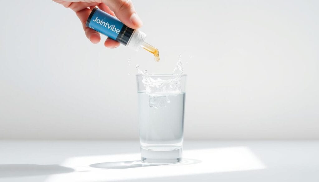 A person's hand carefully dropping JointVibe joint support formula drops into a glass of water against a clean, minimalist white background. The drops splash and dissolve, creating a soft, calming aura. Natural lighting illuminates the scene, highlighting the transparency and viscosity of the liquid. The composition is centered, with the glass placed at a slight angle to create visual interest. The overall mood is serene and inviting, encouraging the viewer to incorporate this supplement into their daily wellness routine.