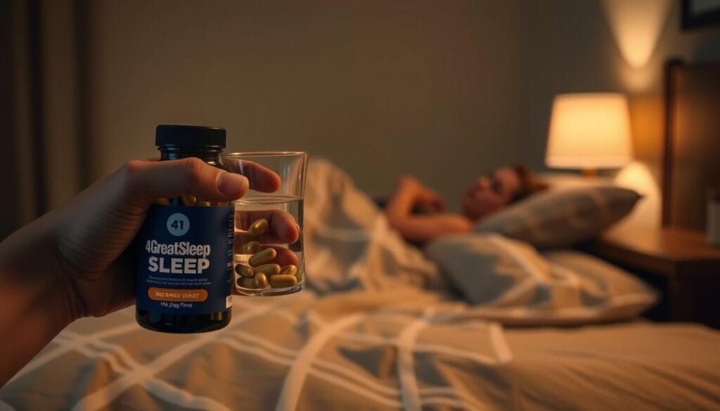 A serene and inviting scene showcasing the proper usage of 4GreatSleep supplement. In the foreground, a person's hand gently holds a glass of water alongside a bottle of 4GreatSleep capsules, emphasizing the simplicity of the recommended dosage. The middle ground features a person reclining comfortably on a plush, neutral-toned bedding, conveying a sense of relaxation and restfulness. The background depicts a peaceful, dimly lit bedroom with soft, warm lighting, creating an atmosphere conducive to a good night's sleep. The overall composition and lighting evoke a calming, natural ambiance that aligns with the non-habit forming nature of the 4GreatSleep supplement.