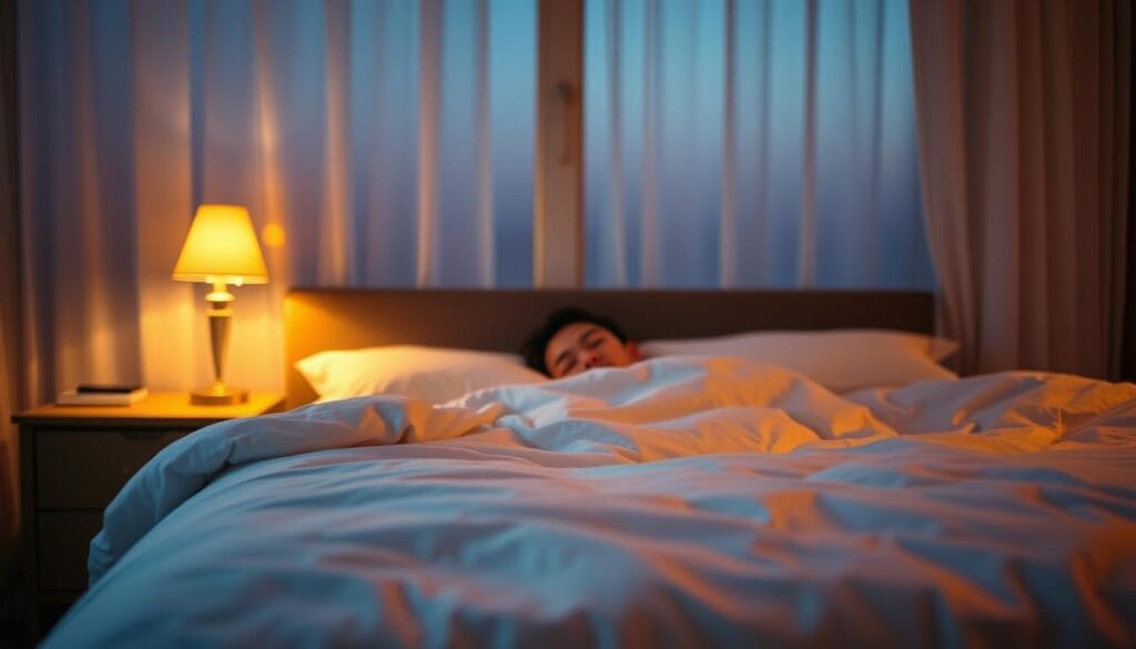 A serene bedroom at dusk, soft warm lighting casting a comforting glow. A plush, inviting bed in the foreground, crisp white sheets and a fluffy duvet beckoning to be sunk into. A nightstand on one side, a lamp dimmed to a gentle shimmer. In the middle ground, a person's face rests peacefully on a pillow, eyes closed, expression relaxed. The background fades into hazy shadows, the room's edges blurring into a tranquil, dream-like state. An atmosphere of utter tranquility and restfulness pervades the scene, capturing the essence of falling into a deep, restorative sleep.