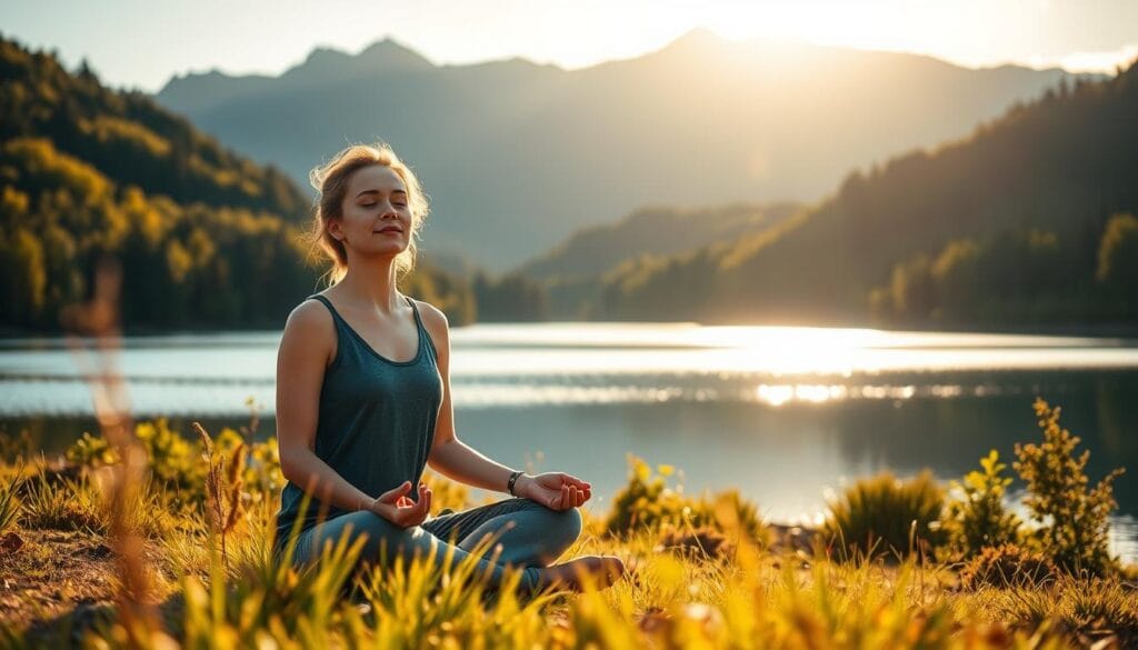 A serene, meditative landscape bathed in warm, golden light. In the foreground, a person sits cross-legged, eyes closed, their face radiating a sense of deep focus and inner calm. The middle ground features a tranquil lake, its still waters reflecting the surrounding lush, verdant foliage. In the background, a range of majestic mountains stand tall, their peaks touched by wisps of cloud. The overall atmosphere exudes a palpable sense of mental clarity, inviting the viewer to pause and immerse themselves in the moment.