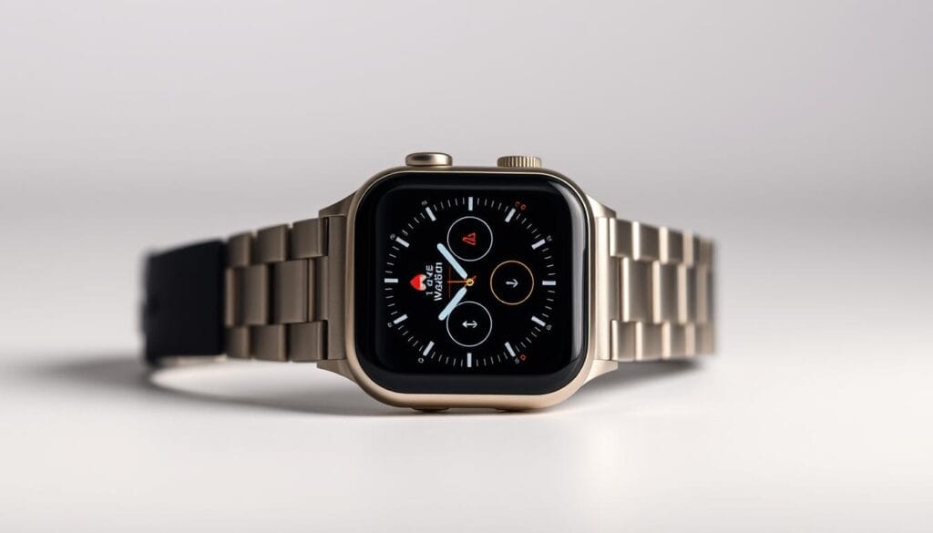 A sleek and modern Apple Watch prominently displayed on a minimalist white background, showcasing its elegant design and advanced fitness tracking capabilities. The watch face displays real-time heart rate and activity data, highlighting its role as a powerful health and wellness companion. Soft, diffused lighting illuminates the stainless steel casing and the vibrant, high-resolution display, creating a sense of premium quality and technological sophistication. The composition emphasizes the watch's streamlined, user-friendly interface, conveying its seamless integration into an active, health-conscious lifestyle.