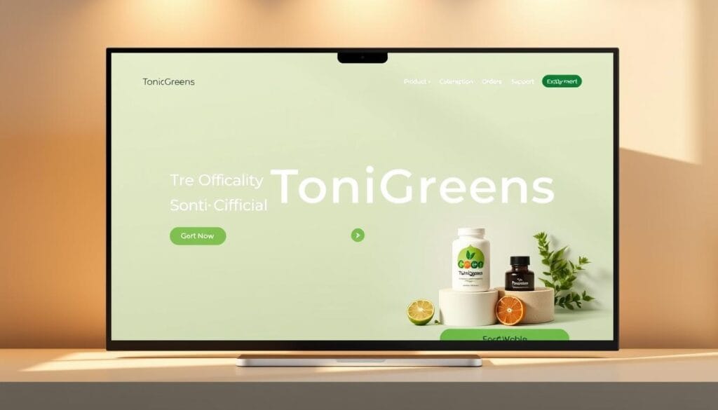 A sleek and modern website design for the official TonicGreens website. The screen displays a clean, minimalist layout with a prominent hero section showcasing the TonicGreens logo and product imagery. The site navigation features clear links to key areas like product details, ordering information, and customer support. The background has a soft, muted gradient that creates a soothing, natural atmosphere. Warm lighting from above casts subtle shadows, highlighting the website's elegant typography and high-quality product photography. The overall aesthetic conveys a sense of professionalism, trustworthiness, and wellness.
