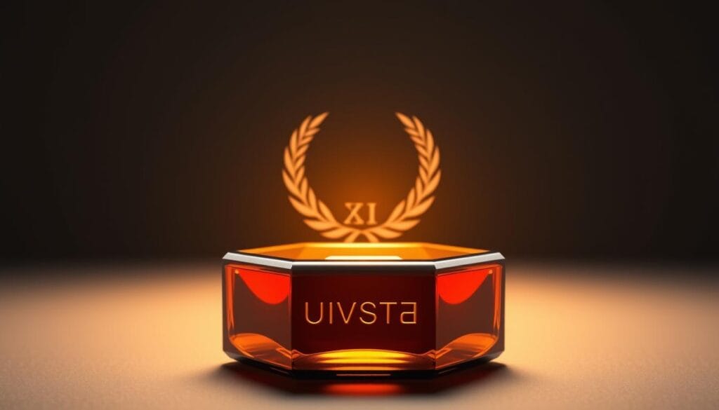 A sleek, modern Roman-inspired package design for a testosterone booster supplement, with a clean, minimalist aesthetic. In the foreground, a shiny, metallic hexagonal container with embossed Roman numerals and a glossy, amber-colored liquid visible through the translucent shell. Backlit by warm, golden lighting, casting a soft, masculine glow. In the middle ground, a stylized laurel wreath motif, symbolic of ancient Roman strength and virility, subtly etched into the surface. The background is a stark, monochromatic grey, allowing the product to take center stage and conveying a sense of clinical precision and medical authority.