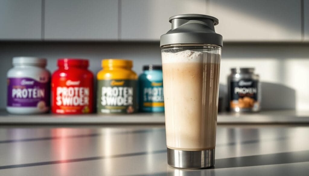 A sleek, modern kitchen counter showcases an array of protein powder canisters, their colors and textures varying from smooth matte to shiny metallic. In the foreground, a stainless steel shaker cup filled with a luscious, frothy shake takes center stage, inviting the viewer to imagine the satisfying taste and effortless mixability. Soft, directional lighting casts subtle shadows, accentuating the depth and dimension of the scene. The background blurs into a crisp, minimalist setting, allowing the focus to remain on the captivating protein powder display and the perfectly-blended shake, embodying the essence of "Taste, Flavors, and Mixability: Getting a Shake You'll Actually Drink". A sleek, modern kitchen counter showcases an array of protein powder canisters, their colors and textures varying from smooth matte to shiny metallic. In the foreground, a stainless steel shaker cup filled with a luscious, frothy shake takes center stage, inviting the viewer to imagine the satisfying taste and effortless mixability. Soft, directional lighting casts subtle shadows, accentuating the depth and dimension of the scene. The background blurs into a crisp, minimalist setting, allowing the focus to remain on the captivating protein powder display and the perfectly-blended shake, embodying the essence of "Taste, Flavors, and Mixability: Getting a Shake You'll Actually Drink".