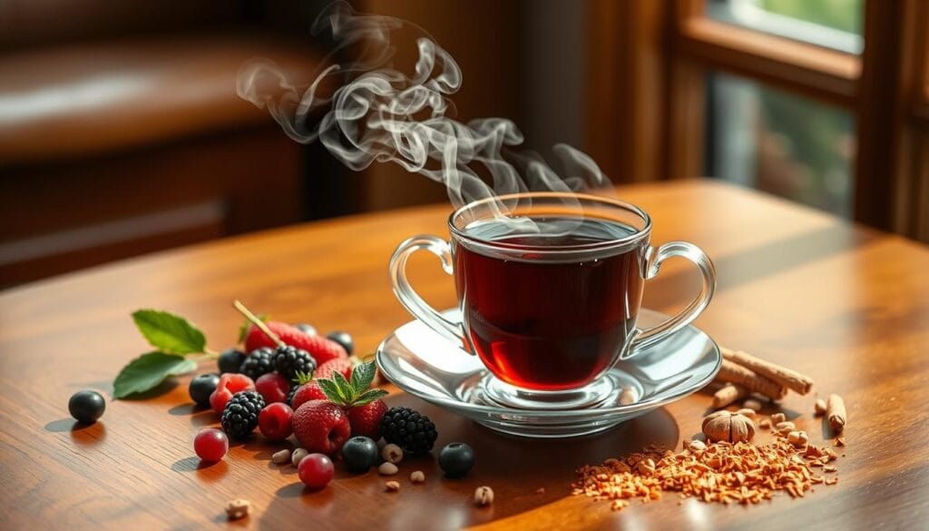 A steaming cup of fragrant black tea, its rich aroma wafting through the air. The teacup rests on a delicate saucer, nestled atop a polished wooden table. Soft, natural lighting filters through a nearby window, casting a warm, inviting glow. Surrounding the cup, a selection of healthy superfoods - vibrant berries, crunchy nuts, and a sprinkle of spices - symbolizing the revitalizing properties of this timeless beverage. An elegant, minimalist composition that evokes a sense of tranquility and rejuvenation, perfectly suited to illustrate the "Best metabolism booster for men over 50". A steaming cup of fragrant black tea, its rich aroma wafting through the air. The teacup rests on a delicate saucer, nestled atop a polished wooden table. Soft, natural lighting filters through a nearby window, casting a warm, inviting glow. Surrounding the cup, a selection of healthy superfoods - vibrant berries, crunchy nuts, and a sprinkle of spices - symbolizing the revitalizing properties of this timeless beverage. An elegant, minimalist composition that evokes a sense of tranquility and rejuvenation, perfectly suited to illustrate the "Best metabolism booster for men over 50".