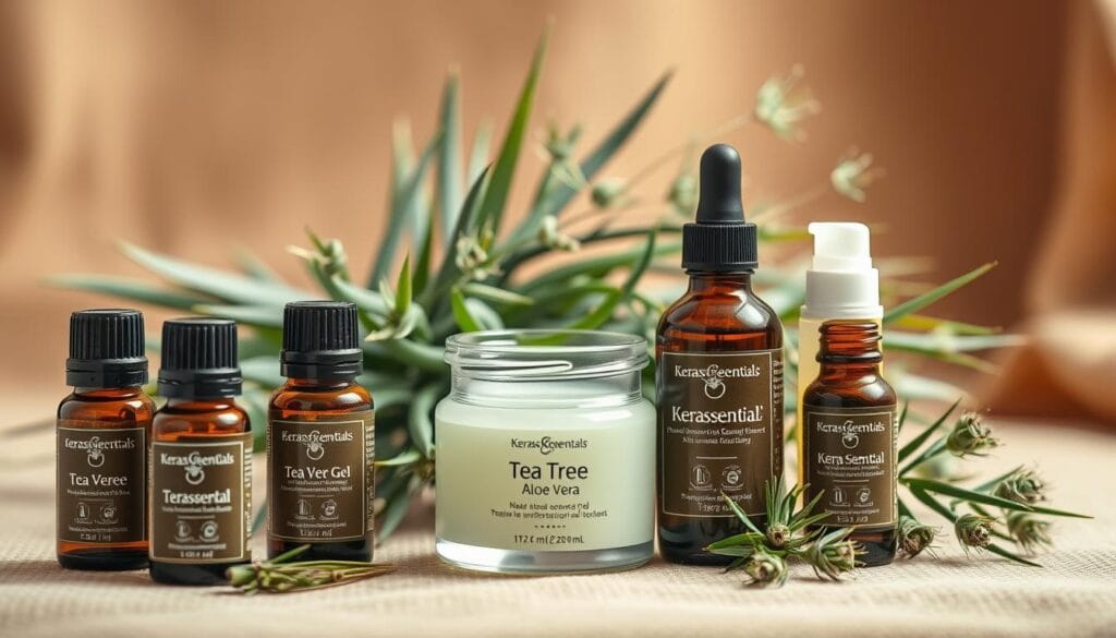 A still life arrangement showcasing the key natural ingredients of Kerassentials - oil, tea tree, aloe vera, and nail health products. The foreground features neatly arranged essential oil bottles, a jar of aloe vera gel, and a nail treatment product. The middle ground displays fresh tea tree leaves and sprigs, with a soft focus on the textures and colors. The background is a warm, natural setting with subtle lighting, perhaps a wooden surface or cloth, to accentuate the organic and soothing tones of the composition. The overall mood is one of wellness, purity, and the restorative power of nature's remedies for nail health.
