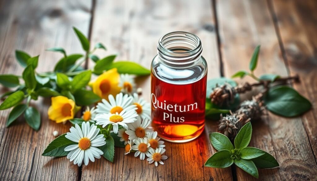 A still life depicting the key ingredients of the Quietum Plus supplement. On a rustic wooden table, a glass jar containing the Quietum Plus formula takes center stage, its amber liquid glistening under soft, natural lighting. Surrounding the jar are artfully arranged botanical elements - soothing chamomile flowers, calming lemon balm leaves, and other herbal components that make up the holistic blend. The overall composition conveys a sense of purity, tranquility, and the restorative power of nature - a fitting visual representation of the tinnitus-relieving qualities of the Quietum Plus supplement.