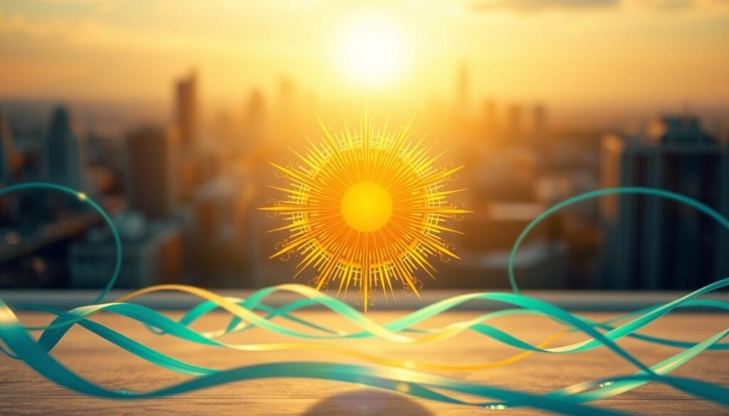 A vibrant and dynamic scene depicting the concept of energy levels. In the foreground, a radiant sun-like orb emanates waves of golden, pulsing light, symbolizing the inner vitality and vigor. Surrounding it, swirling ribbons of azure and emerald hues intertwine, representing the ebb and flow of energy throughout the body. In the background, a blurred cityscape fades into the distance, conveying the idea of daily performance and productivity. The entire composition is bathed in a warm, soothing glow, creating a sense of balance and rejuvenation. Captured with a wide-angle lens, the image presents a holistic and empowering visualization of energy levels and overall well-being.