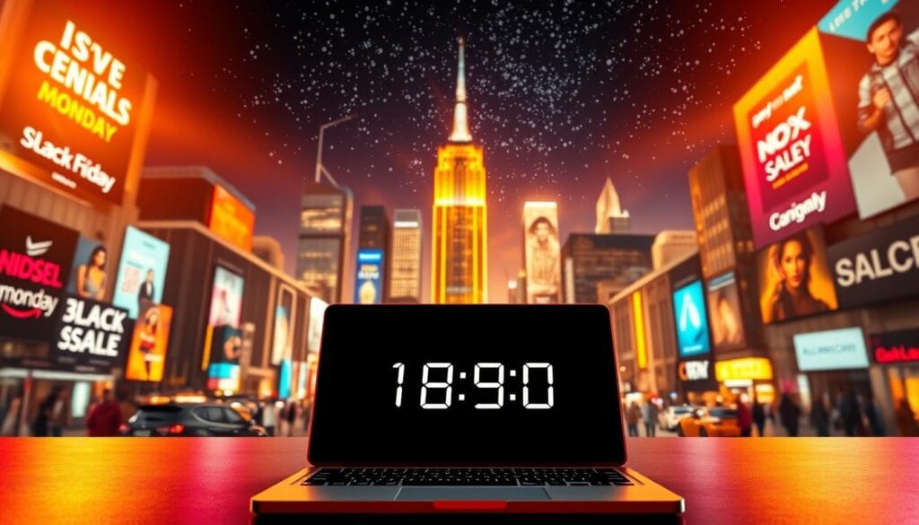 A vibrant and dynamic scene depicting the transition from Black Friday to Cyber Monday. In the foreground, a laptop and smartphone display various online shopping interfaces, with digital timers counting down the hours until the next big sale event. The middle ground showcases a bustling, neon-lit city skyline, with skyscrapers and billboards advertising the latest deals. In the background, a celestial night sky with glimmering stars sets the stage for a sense of anticipation and excitement. The lighting is a harmonious blend of warm, golden tones and cooler, digital hues, creating a visually striking and atmospheric composition. The overall mood conveys the fast-paced, high-stakes world of e-commerce, where timing is crucial to capturing the best bargains.