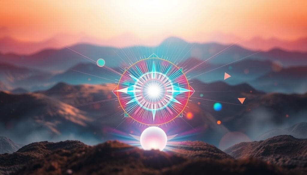 A vibrant, dynamic scene depicting the essence of energy and focus. In the foreground, a glowing orb of pure energy radiates outward, casting an ethereal glow across the composition. Surrounding the orb, a swirling vortex of colorful, abstract shapes and lines suggests the flow of mental focus and clarity. In the middle ground, geometric forms and patterns pulsate with an inner light, hinting at the inner workings of the mind and body. The background is a hazy, dreamlike landscape of soft gradients and subtle textures, evoking a sense of tranquility and concentration. The overall mood is one of heightened awareness, vitality, and mental acuity. Shot with a wide-angle lens to capture the expansive, immersive feel, and lit by a combination of warm and cool lighting to create depth and drama. A vibrant, dynamic scene depicting the essence of energy and focus. In the foreground, a glowing orb of pure energy radiates outward, casting an ethereal glow across the composition. Surrounding the orb, a swirling vortex of colorful, abstract shapes and lines suggests the flow of mental focus and clarity. In the middle ground, geometric forms and patterns pulsate with an inner light, hinting at the inner workings of the mind and body. The background is a hazy, dreamlike landscape of soft gradients and subtle textures, evoking a sense of tranquility and concentration. The overall mood is one of heightened awareness, vitality, and mental acuity. Shot with a wide-angle lens to capture the expansive, immersive feel, and lit by a combination of warm and cool lighting to create depth and drama.