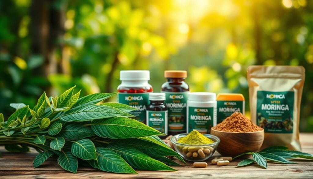 A vibrant, high-resolution photograph showcasing the natural benefits of moringa. In the foreground, a bundle of fresh moringa leaves, their deep green hues accented by warm, natural lighting. In the middle ground, a selection of moringa supplements, capsules, and powders, highlighting the versatility of this superfood. The background features a serene, blurred natural setting, such as a lush, verdant garden or a tranquil forest, creating a sense of harmony and vitality. The overall composition emphasizes the purity, potency, and holistic wellness properties of moringa, captured through a lens that evokes a sense of balance, nourishment, and vitality.
